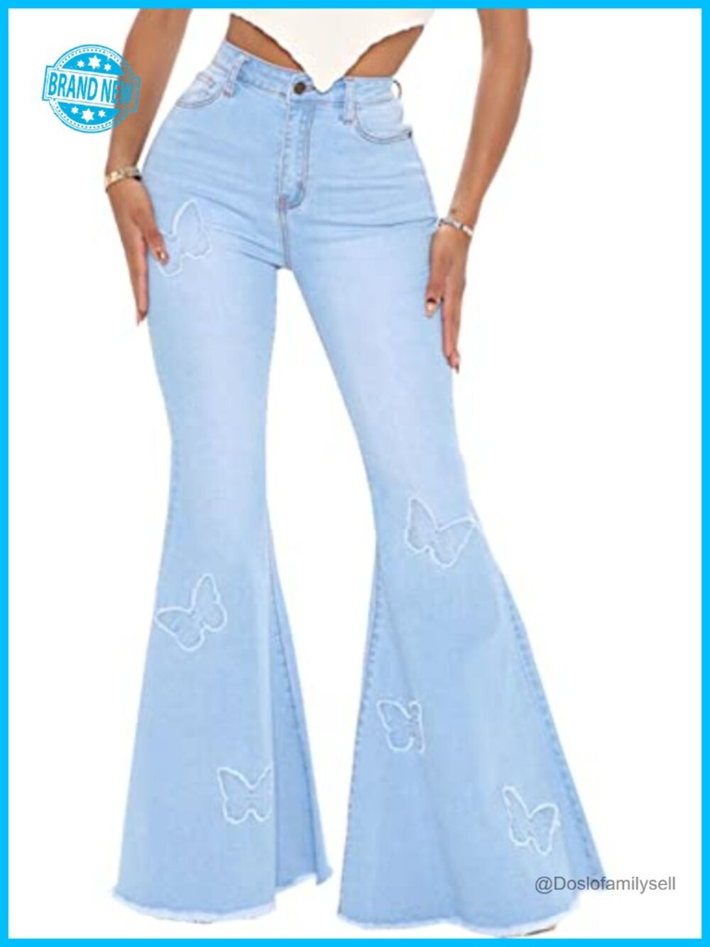 High Waisted Bell Bottom Flare Jeans Embroidered Raw Hem Denim Pants